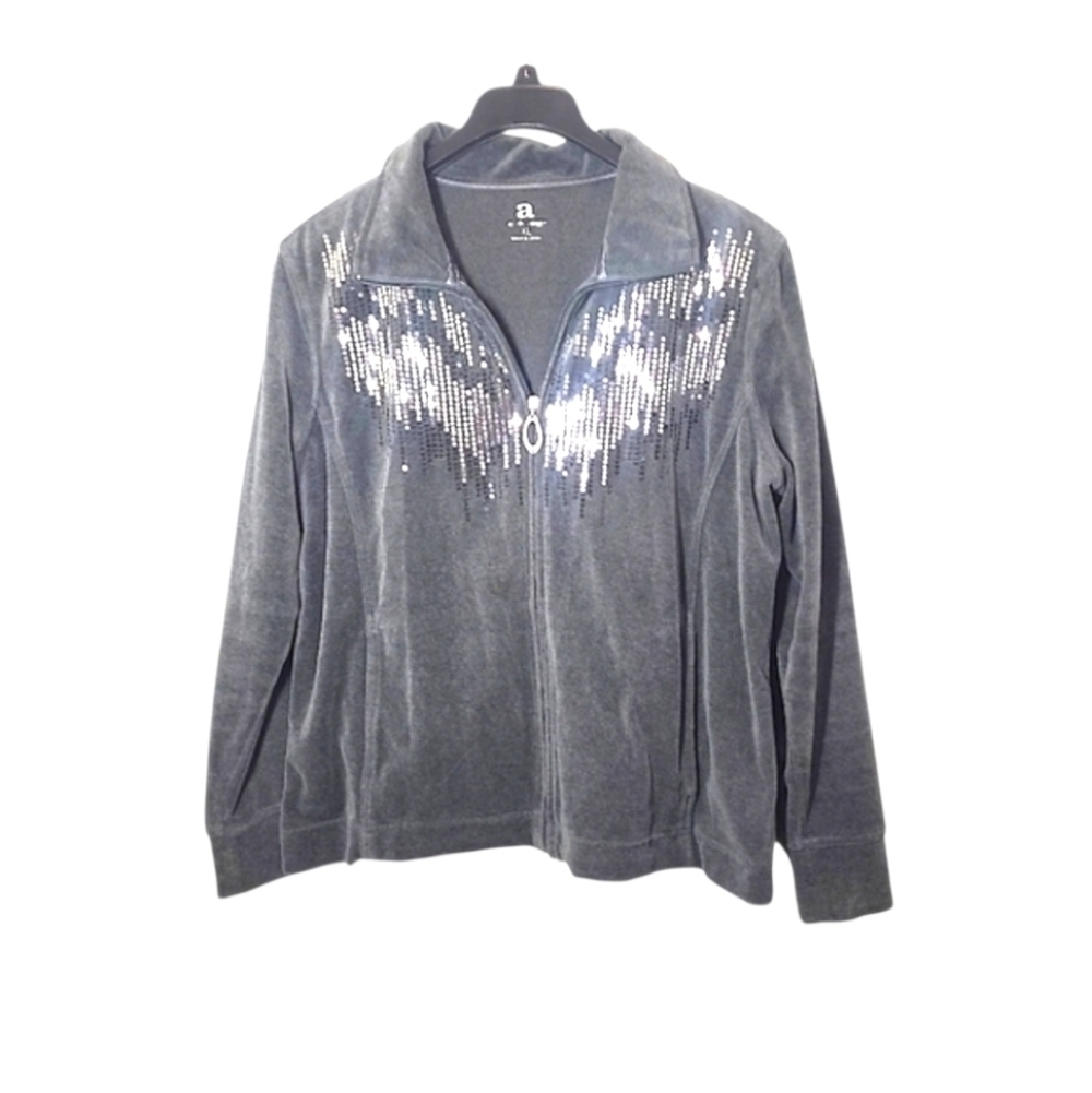 Activology Velour Sparkle Zip-Up Jacket Gray XL